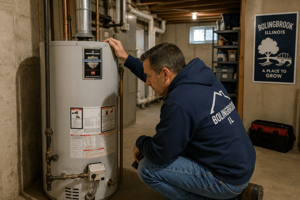 Homeowner inspecting a water heater in a Bolingbrook IL basement